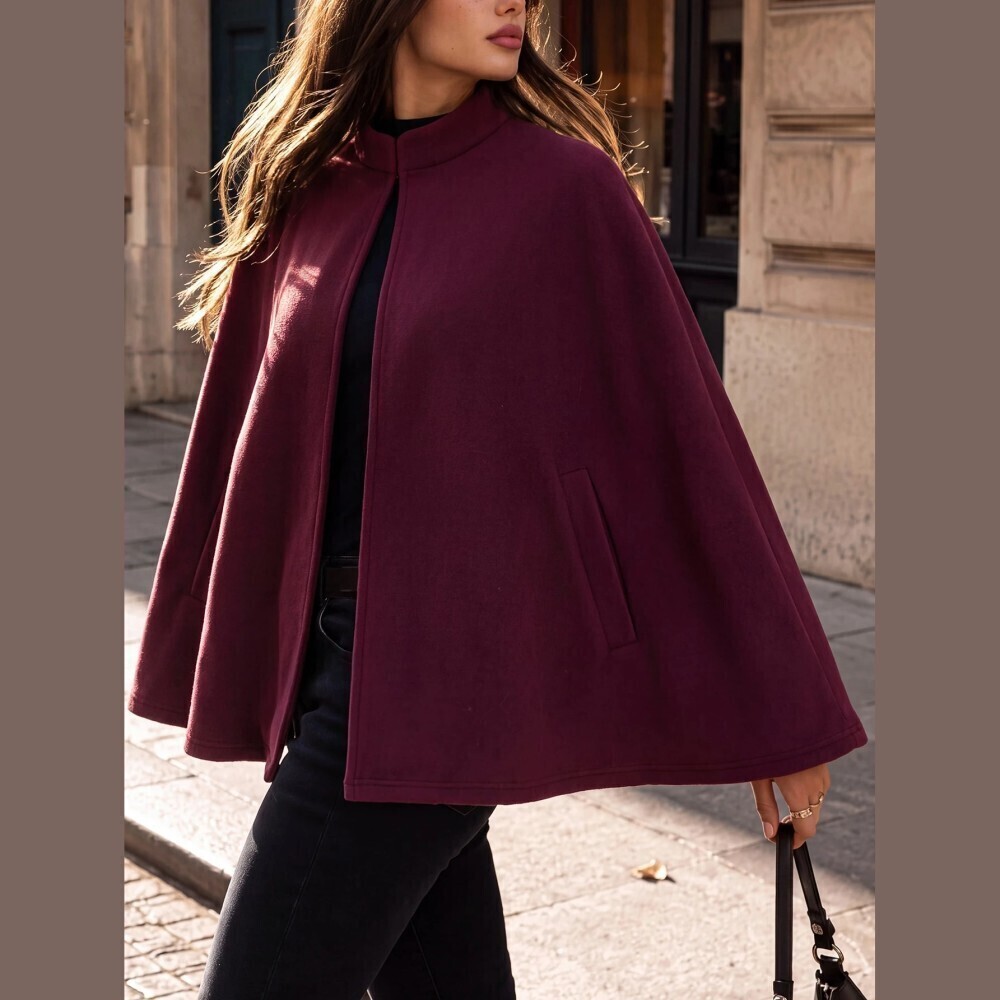 Burgundy Stand Collar Cape Sleeve Slit Pocket Wool-Free Coat